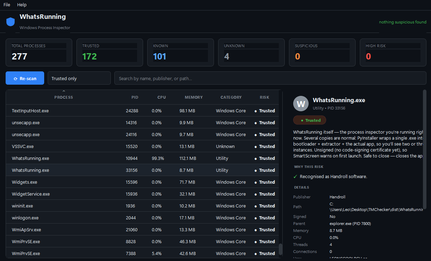 WhatsRunning showing 277 processes with trust badges and a plain-English details panel